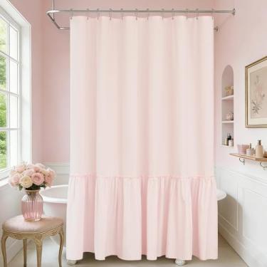 Imagem de Seenus Cortina de chuveiro rosa bebê com babados e revestimento de TPU impermeável, cortina de chuveiro de tecido franzido de microfibra francesa sem necessidade de forro, 182 x 182 cm 2 em 1 cortina