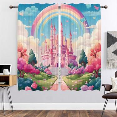 Imagem de DOTOOMA 53 x 153 cm rosa castelo arco-íris sonho conto de fadas país das maravilhas tema princesa quarto quarto sala de estar casa escola evento decoração suprimentos cortinas janela 2 painéis