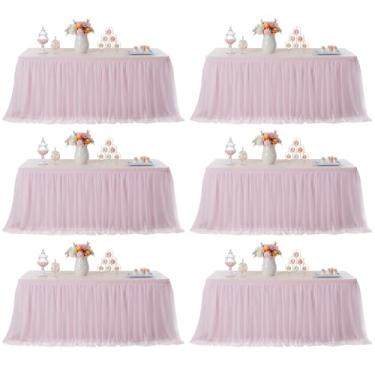 Imagem de familus Toalha de mesa rosa retangular de 2,8 m, 6 painéis, toalha de mesa de tule elástica com babados e elastano, para saias de mesa de tule de 2,3 m para festas, casamentos, banquetes