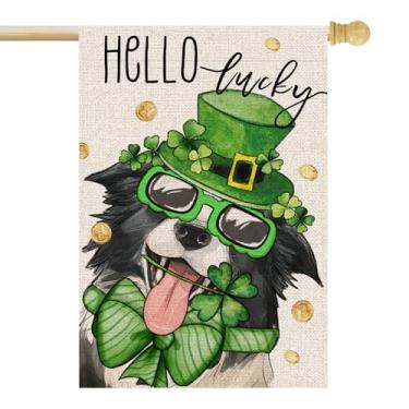 Imagem de OPULANE Bandeira da Casa do Dia de São Patrício 71 x 101 cm Chapéu Verde Externo Trevos de Cachorro Trevos Bandeira da Sorte para Boas-Vindas Férias Decoração Externa