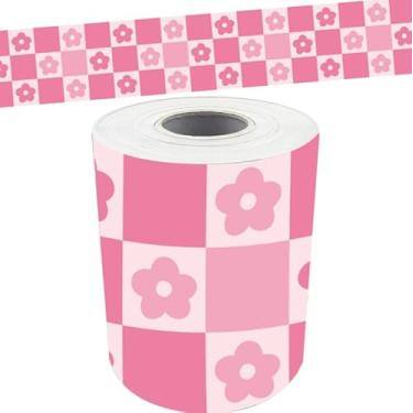 Imagem de Whaline Borda de quadro de avisos de volta às aulas de 10 metros com flor quadriculada rosa para decoração de parede de quadro-negro de sala de aula