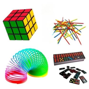 Imagem de Kit 4 Brinquedos Lembrancinha Cubo Mágico +Mola Maluca +Dominó+Pega Vareta festas prenda