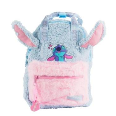 Imagem de Mini Mochila Azul Rosa Pelúcia Stitch 31x25cm - Disney