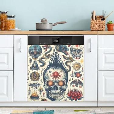 Imagem de xigua Capa magnética para lava-louças caveiras e rosas, adesivos magnéticos decorativos antiarranhões para painel de geladeira e lava-louças, decoração personalizada de cozinha doméstica 58 x 66 cm