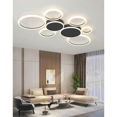 Imagem de Luminária de teto LED moderna, dimerizável, com controle remoto, design de anéis redondos, em acrílico, para sala de estar, quarto, sala de jantar e cozinha (preta, 8 anéis).