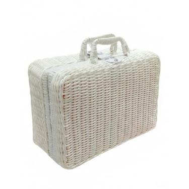 Imagem de Cesta de piquenique de vime, cesta de piquenique vintage com trava de vime com alça para diversos, viagens, acampamento e festa ao ar livre (branca, 35 x 25 x 13 cm)