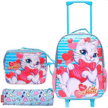 Imagem de Kit Mochila De Rodinha Menina Estojo Lancheira Gata - Azul