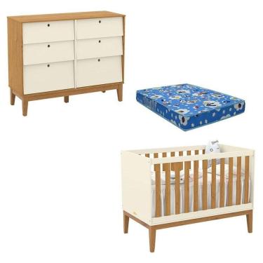 Imagem de Berço Americano E Cômoda 6 Gavetas Unique Off White Freijó Eco Wood Com Colchão Ortobom - Matic