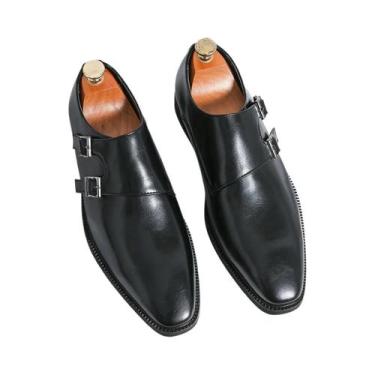 Imagem de Sapatos Monk De Couro Retro Masculinos Com Bico Fino E Fivela, Confort