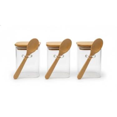 Imagem de Kit De Potes De Vidro Com Colher De Bambu Tampa Hermética Organizador De Cozinha
