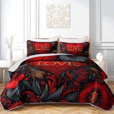 Imagem de QOOMO Conjunto de colcha com estampa de coração, tamanho casal/queen, colcha de flor, estampa vermelha, 3 peças, conjunto de cama com 2 fronhas, macio e leve, para todas as estações
