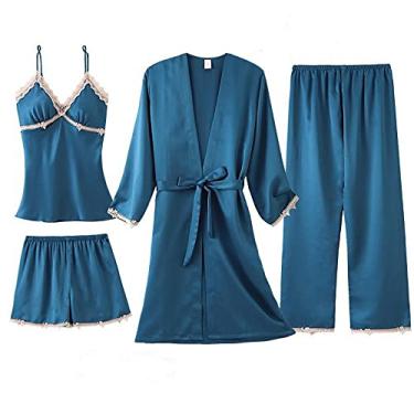 Imagem de HHHJQFAAT Pijama feminino conjuntos de pijama Cami Top camisola 4 peças roupa de dormir cetim robe conjuntos de camisola pijama XXL preto-A (azul pavão c)