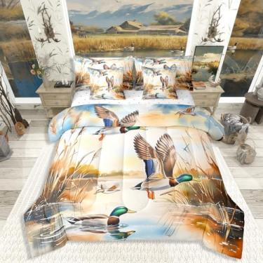 Imagem de Erosebridal Jogo de cama casal com 7 peças de pato de caça, pato selvagem, para crianças, meninas, adolescentes e mulheres, conjunto de edredom rústico de casa de fazenda, lago, animal, pesca, vida