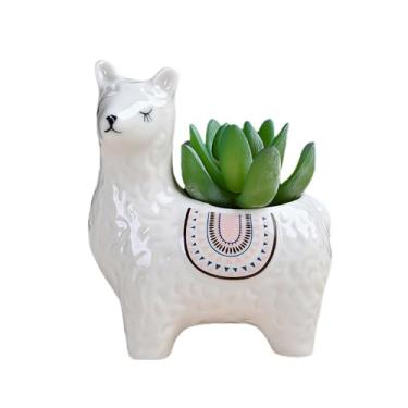Imagem de SJBAG Vaso de suculentas de cerâmica em forma de lhama com orifícios de drenagem, vaso de animais pintado à mão para cactos e suculentas internos, decoração de casa exclusiva e presente (branco, 10,7
