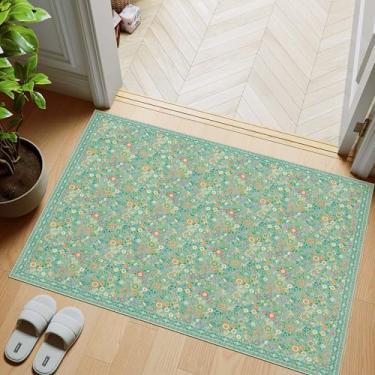 Imagem de Clemile Tapete floral 5 x 7 cm - Tapete de cozinha vintage lavável com suporte antiderrapante - Tapete macio de pelo baixo para entrada, quarto, cozinha, banheiro, verde sálvia