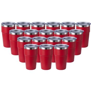 Imagem de MEWAY Caneca de viagem isolada a vácuo de parede dupla de 473 ml, copos de aço inoxidável com tampa, copos de café revestidos em pó para bebidas frias e quentes (vermelho, pacote com 18)