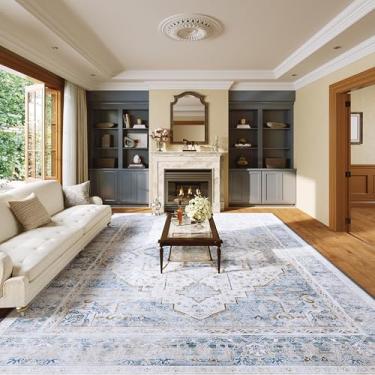 Imagem de Tapete vintage lavável 25,5 x 35,5 cm - Tapetes antiderrapantes desgastados macios grandes retrô para sala de estar, quarto, sala de jantar, escritório, decoração de casa, azul