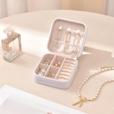 Imagem de Organizador de caixa de joias, estojo compacto, forrado de veludo, fecho de zíper para colares, brincos, anéis, grampos de cabelo, viagem em casa, branco pérola