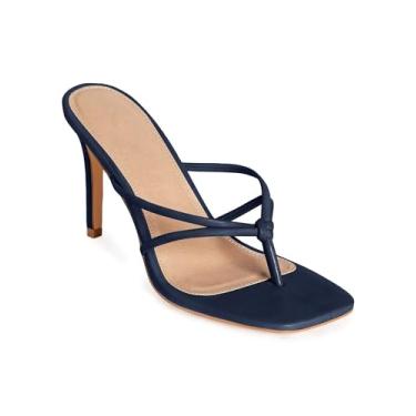 Imagem de Coutgo Sandálias femininas de salto alto com tiras de bico quadrado chinelos fashion tanga stiletto, Azul marino, 40