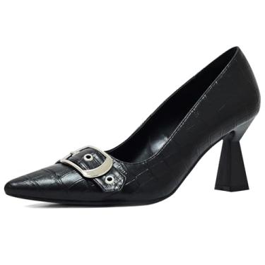 Imagem de SICARE Salto gatinho feminino bico fechado de 7,5 cm sapato social bico fino fivela tira na moda salto sexy confortável sapato de salto sem cadarço para festa de trabalho casamento, Preto, 37