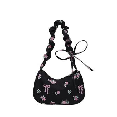 Imagem de Bolsa de ombro feminina delicada com cordão e alças ajustáveis, bolsa transversal pequena de lona floral, Preto, Casual