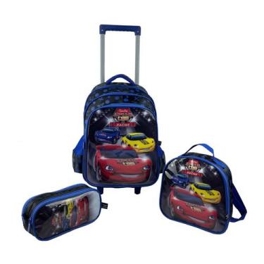 Imagem de Kit mochila escolar 2 rodas lancheira e estojo speed car - Santino, Az