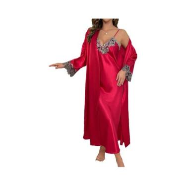 Imagem de Conjunto De Pijamas Femininos Elegante Com Vestido De Renda Com Decote