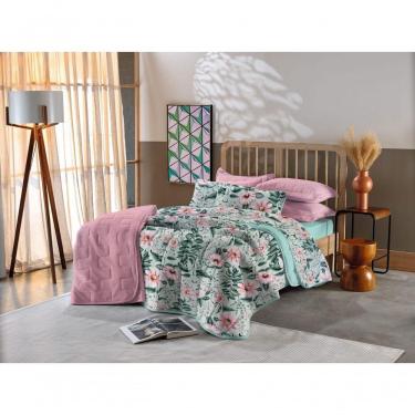 Imagem de Kit Cobre Leito Casal 3 Pçs Em Malha Floral Verde