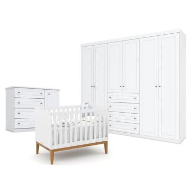 Imagem de Quarto de Bebê Americano 6 Portas com Berço Americano Unique Branco Soft Eco Wood - Matic - Henn