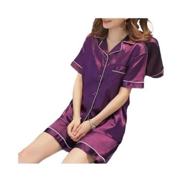 Imagem de Conjunto De Pijamas De Seda Satinada Feminino 2 Peças Com Botões, Roup