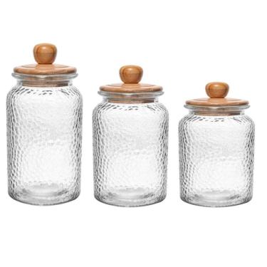 Imagem de Conjunto de 3 Potes de Vidro Martelado com Tampa Hermética de Bambu Wolff