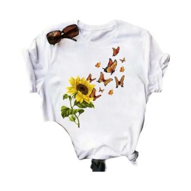 Imagem de Camiseta Preta Com Estampa De Borboleta E Girassol Kawaii Para Mulhere