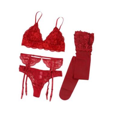 Imagem de Conjunto De Sutiã De Renda Feminino Com Calcinha Sem Almofadas E Meias