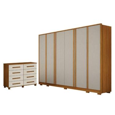 Imagem de Guarda Roupa Casal Ares 6 Portas Cinamomo Off-white Com Cômoda San Marino 8 Gavetas Cin...