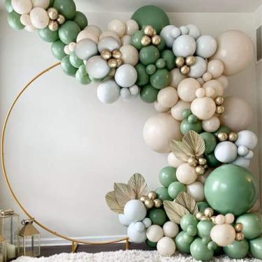 Imagem de Kit de arco de guirlanda de balões verde sálvia – 154 peças de balão verde abacate com balões blush, balões dourados e macaron cinza para decoração de festa de aniversário de casamento, chá de bebê, festa de fundo