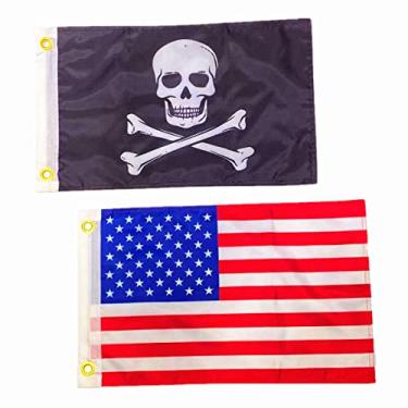 Imagem de ANCONINE Bandeira de barco de dupla face pirata Jolly Roger crânio e bandeira americana 30 x 45 cm para barco, resistente 3 camadas de poliéster 220D costura dupla e bandeiras com 2 argolas de latão.