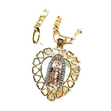 Imagem de Colar com pingente de coração de Virgem Maria tricolor banhado a ouro 61 cm Virgen de Guadalupe Medalla Tres Colores Corazon