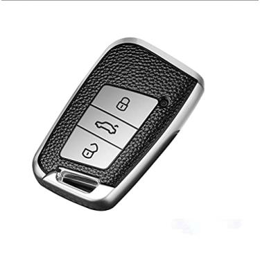 Imagem de YJADHU Capa de chave de carro de couro TPU chaveiro remoto, apto para VW Volkswagen Magotan Passat B8 Skoda Superb Kodiaq A7, prata