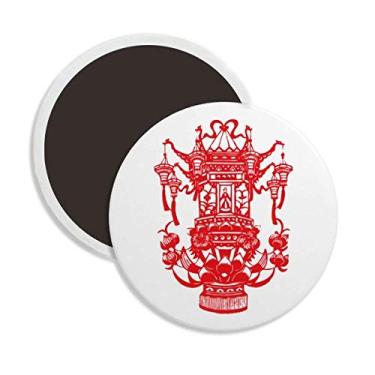 Imagem de Lanterna Chinesa Vermelha Padrão Lótus Cerâmica Redonda Ímã de Geladeira Decoração Lembrança