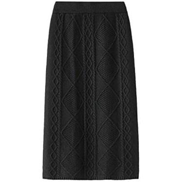 Imagem de Saia De Malha Elástica - Vintage Weaving Flowers Tricotada Na Altura Do Joelho, Saia Evasê, Cintura Alta Elástica, Saias Retas De Comprimento Médio, Pacote De Inverno De Outono, Quadril Plus Size,