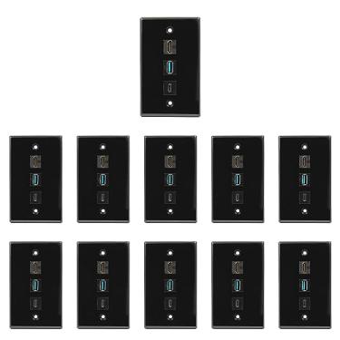 Imagem de BUYER'S POINT Placa de parede USB-C, HDMI e USB | Kit de mídia de 3 portas listado pela UL com todas as conexões Pigtail, perfeito para PC de jogos, HDTV, BluRay, Home Theaters e mais (preto) — Pacote com 10