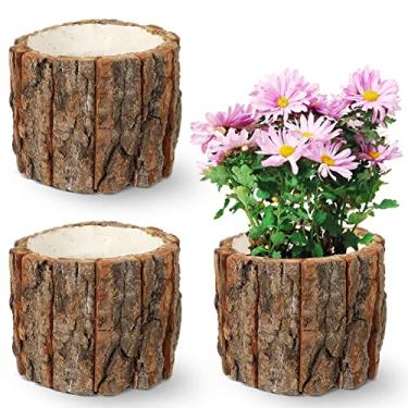 Imagem de 3 Pcs Wooden Flower Pot Bark Bucket Planter Rustic Flower Planter Plant Vase Container Flower Arrangement Holder for Outdoor Indoor Home Decor (Inner Diameter 3.9 inches, Height 3.9 inches)