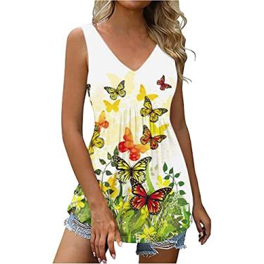 Imagem de Camiseta feminina plissada básica floral longa slim túnica feminina sem mangas gola V camiseta outono verão 2024, O-315 amarelo mostarda, XG