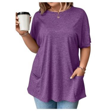 Imagem de Milumia Camiseta feminina plus size casual asa morcego gola redonda solta manga curta túnica tops com bolsos, Roxo violeta, XXG Plus Size