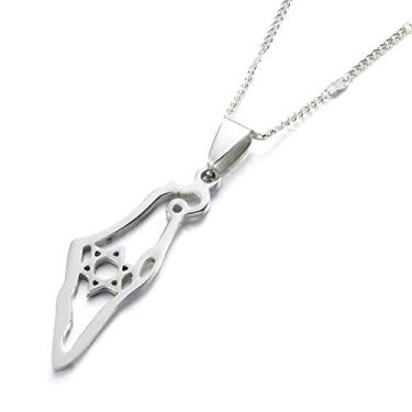 Imagem de Colar de aço inoxidável com pingente de mapa de Israel Hexagrama Magen Davi, joia judia estrela de Davi, Aço inoxidável Latão ecológico Aço inoxidável