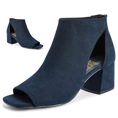 Imagem de LEHOOR Botas femininas grossas de salto alto de camurça, bico aberto, corte lateral, cano baixo, zíper traseiro, fosco, 5 cm, salto empilhado, verão, casual, vestido, salto alto, sandália, botinhas,