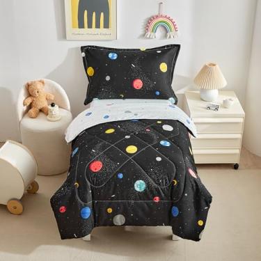 Imagem de DuShow Jogo de cama infantil Black Space, de microfibra ultramacia, 4 peças, para meninos, com edredom acolchoado, lençol de cima e fronha