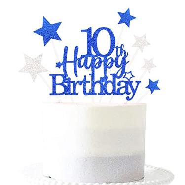 Imagem de Glittery 10th Cake Topper with Star Boys and Girls 10th Birthday Party Supplies, Ten Years Old Birthday Party Decorations Royal Blue