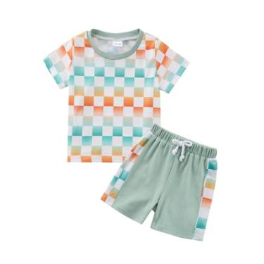 Imagem de Usaibhir Roupas para bebês meninos, roupas de verão, patchwork, xadrez, camiseta e shorts para meninos 1t 2t 3t 4t 5t, Laranja e verde, 3-4 T