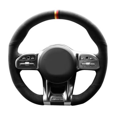 Imagem de Alfanxi Costura à mão Itália Alcantara Capa para volante de carro envoltório para Mercedes-Benz AMG Trims (Alacantara preta + listras de três cores)